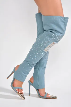 Cape Robbin Kyara Rhinestone Denim Thigh High Heels