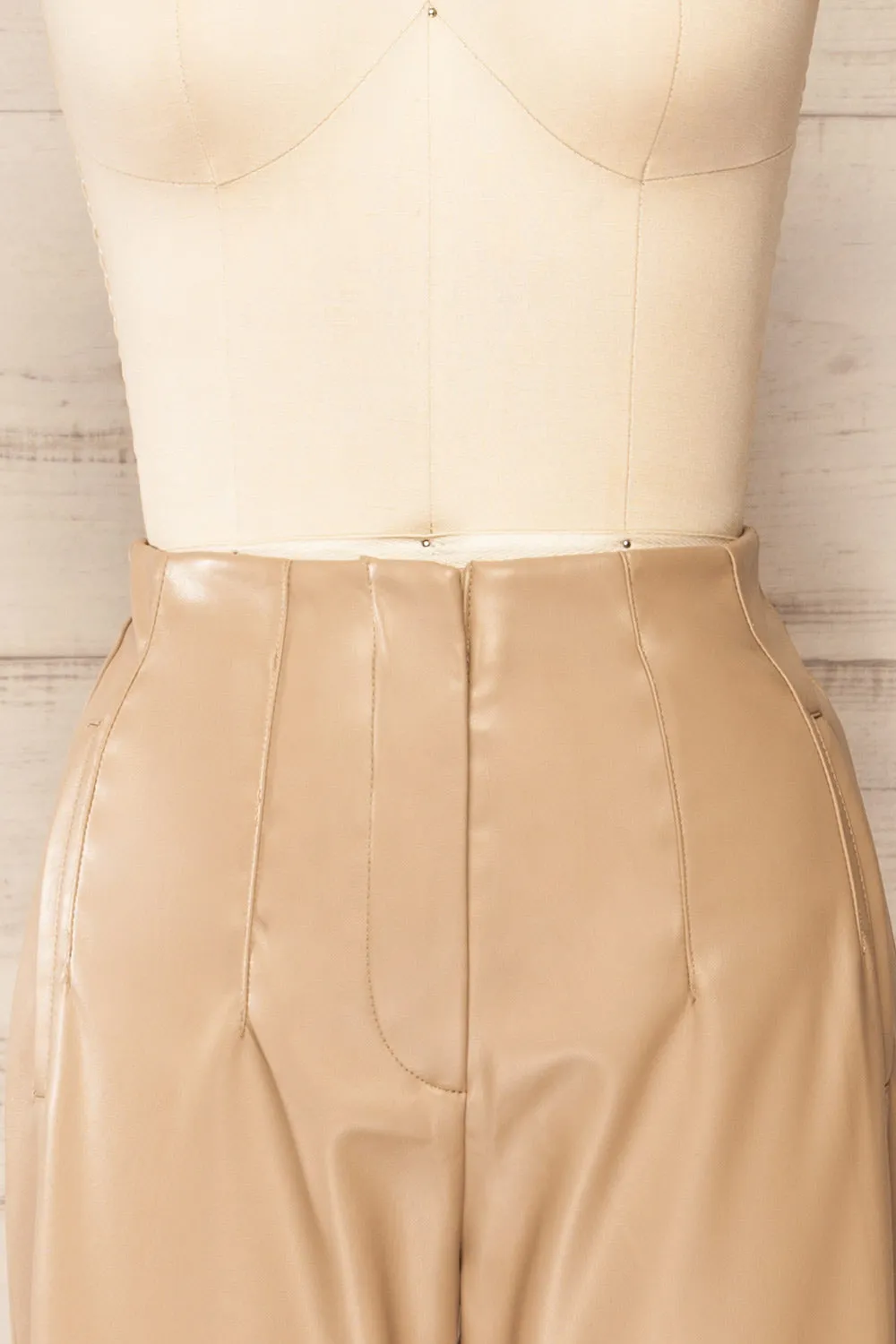 Cefalu Beige | Faux Leather High-Waisted Pants