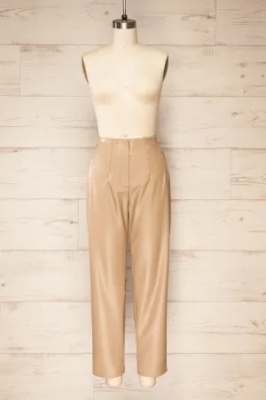 Cefalu Beige | Faux Leather High-Waisted Pants