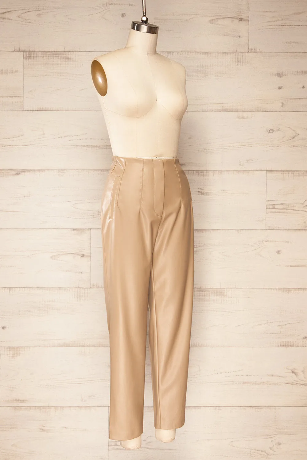 Cefalu Beige | Faux Leather High-Waisted Pants