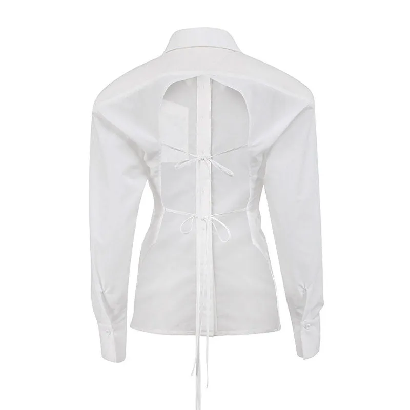 Chic Button Up Shoulder Pad Pointed Collar Tie String Backless Blouse - White