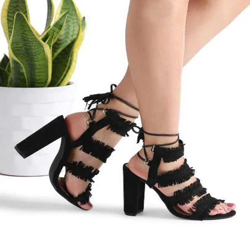 Chunky High Heel Ankle Strap Fringe Sandals