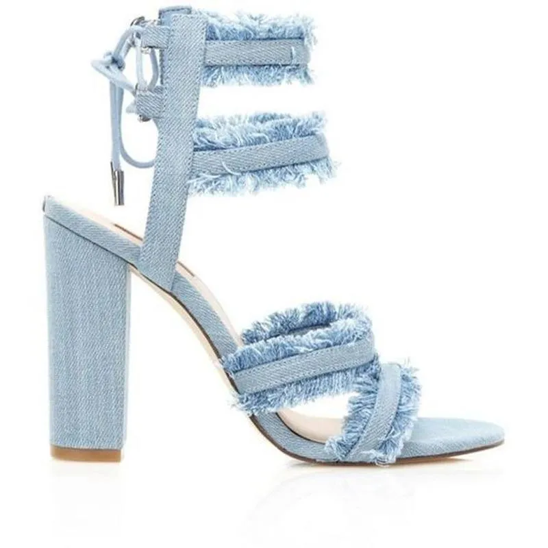 Chunky High Heel Ankle Strap Fringe Sandals