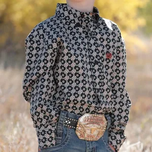 Cinch Boy's Black Vintage Geometric Long Sleeve Button Down