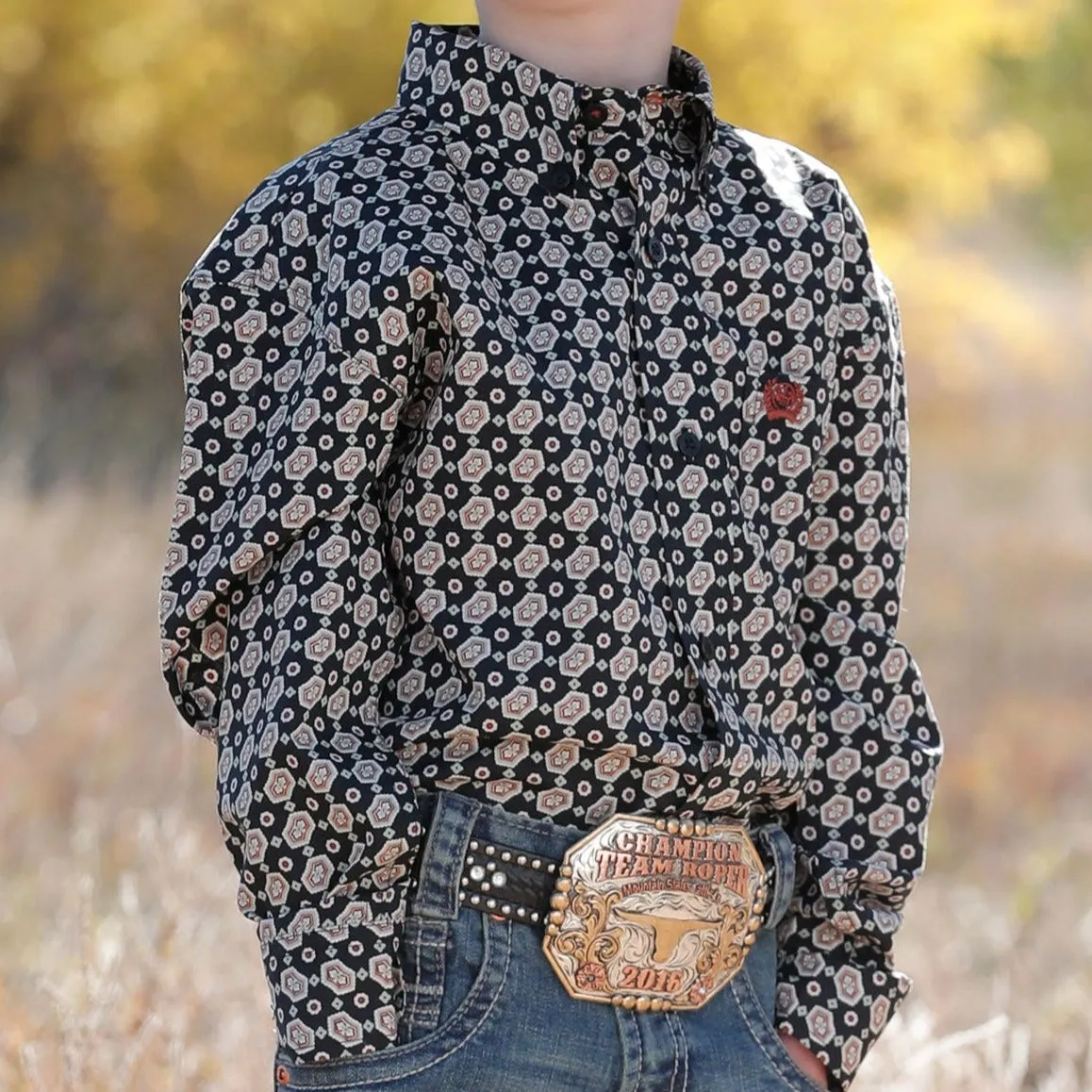 Cinch Boy's Black Vintage Geometric Long Sleeve Button Down