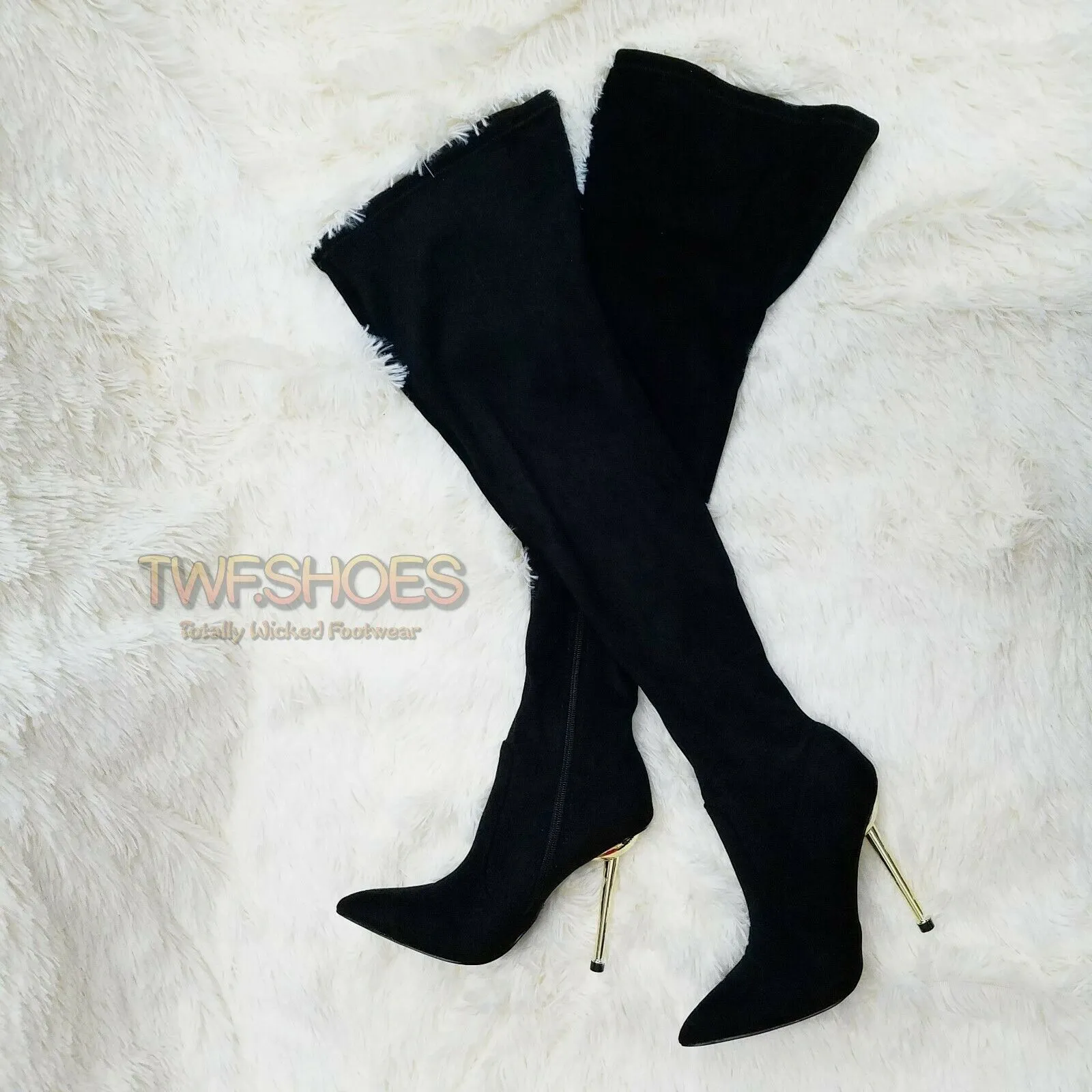 CR Holden Black Stretch Faux Suede Wide Top 4.5" High Heel Thigh High Boots