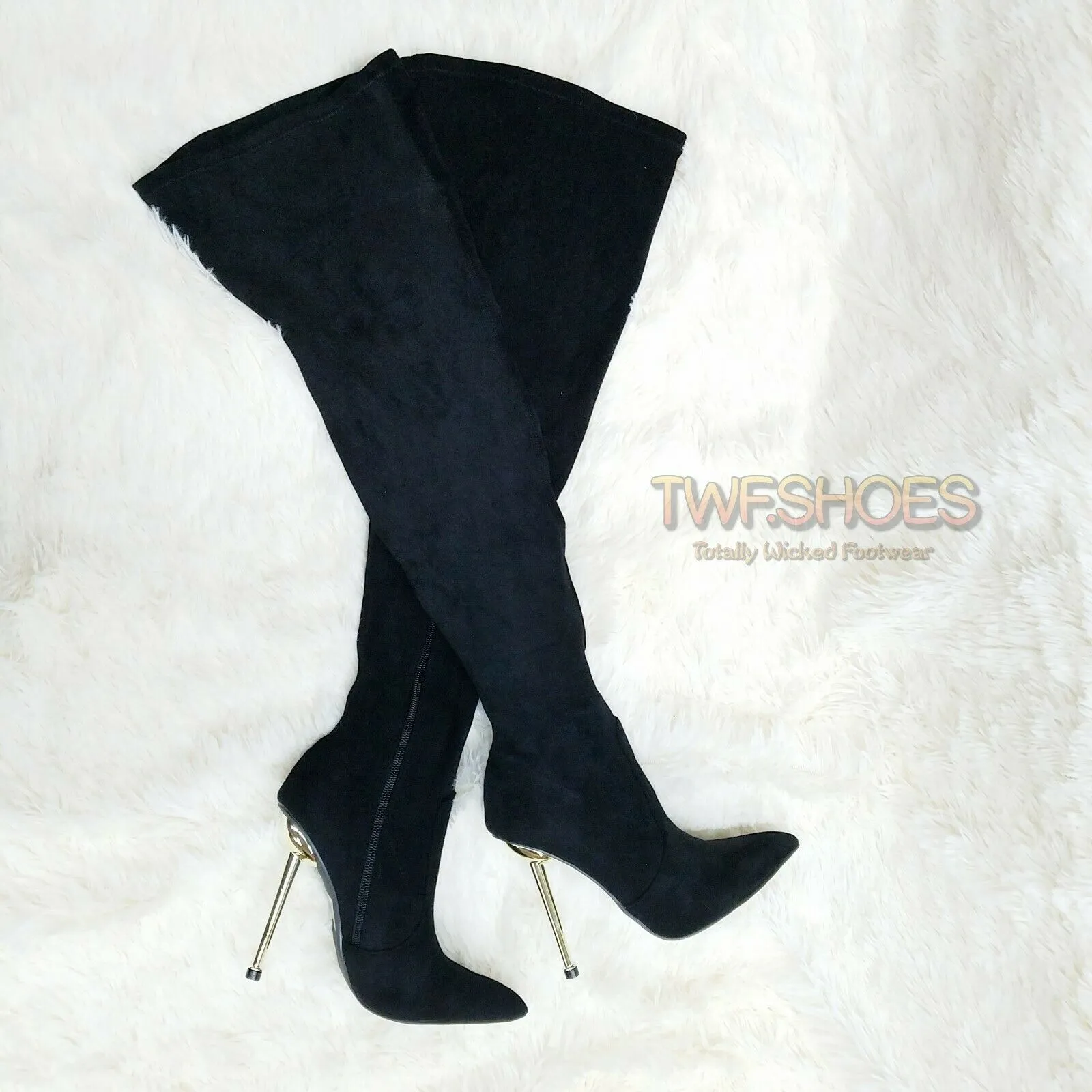 CR Holden Black Stretch Faux Suede Wide Top 4.5" High Heel Thigh High Boots