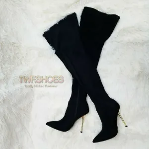 CR Holden Black Stretch Faux Suede Wide Top 4.5" High Heel Thigh High Boots