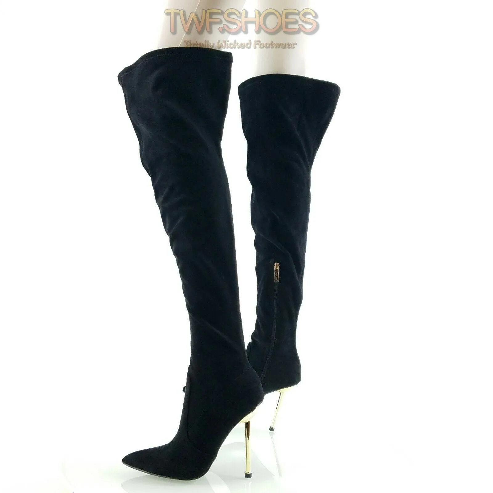 CR Holden Black Stretch Faux Suede Wide Top 4.5" High Heel Thigh High Boots