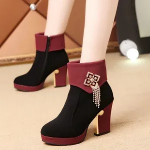 Crystal Tassels Platform Zipper High Chunky Heel Short Boots