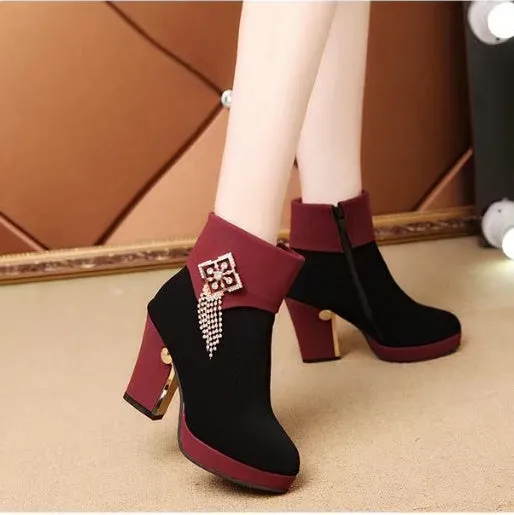 Crystal Tassels Platform Zipper High Chunky Heel Short Boots