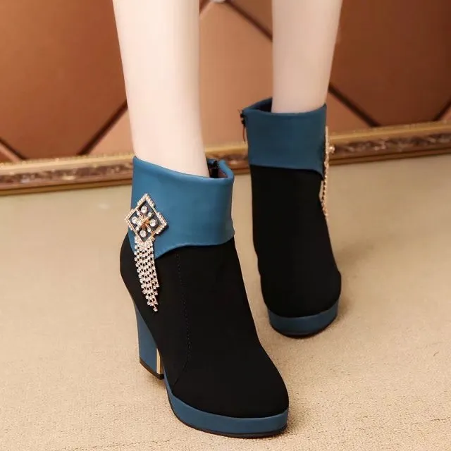 Crystal Tassels Platform Zipper High Chunky Heel Short Boots