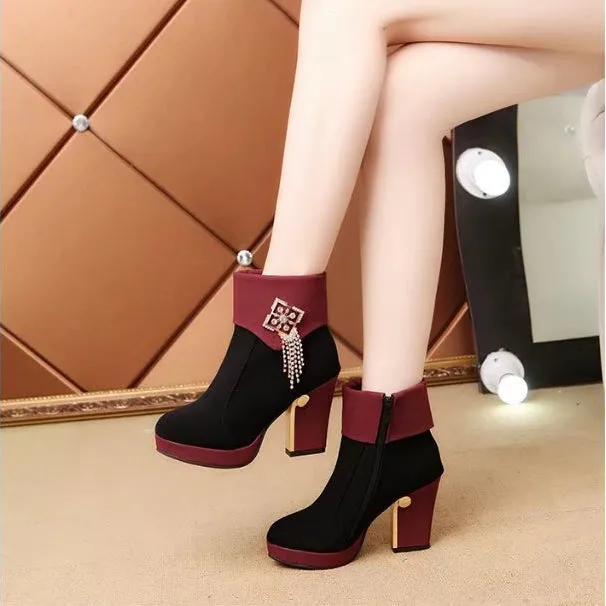 Crystal Tassels Platform Zipper High Chunky Heel Short Boots