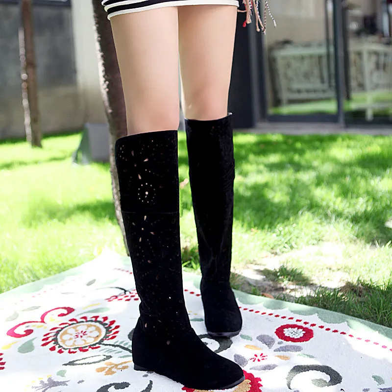 Cut Out Solid Color Inside Heels Knee-Length Long Boots