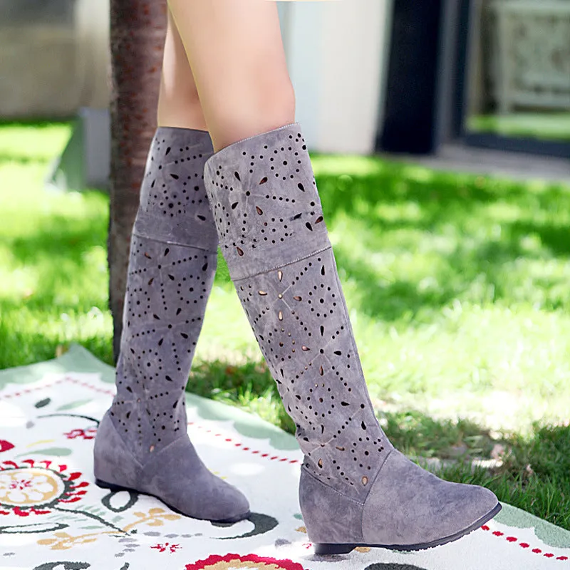 Cut Out Solid Color Inside Heels Knee-Length Long Boots