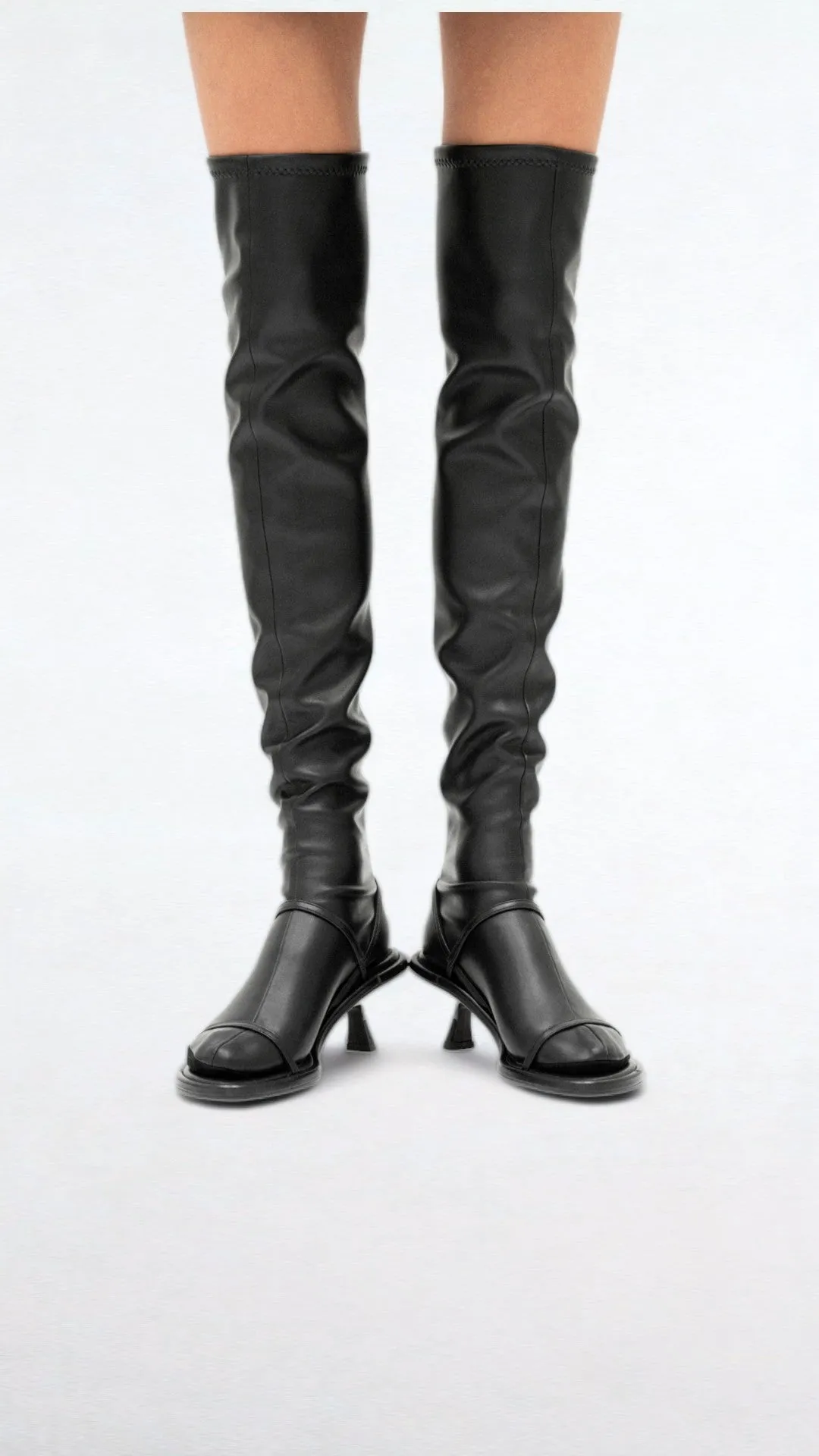 DORA - Black High Faux Stretch Leather Socks