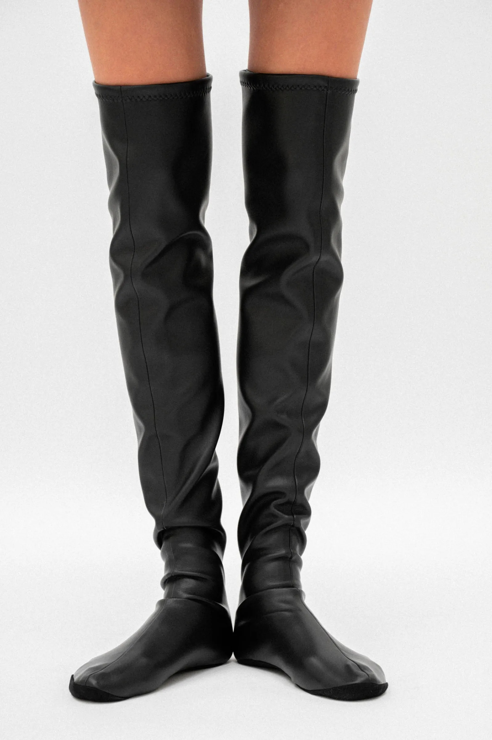 DORA - Black High Faux Stretch Leather Socks