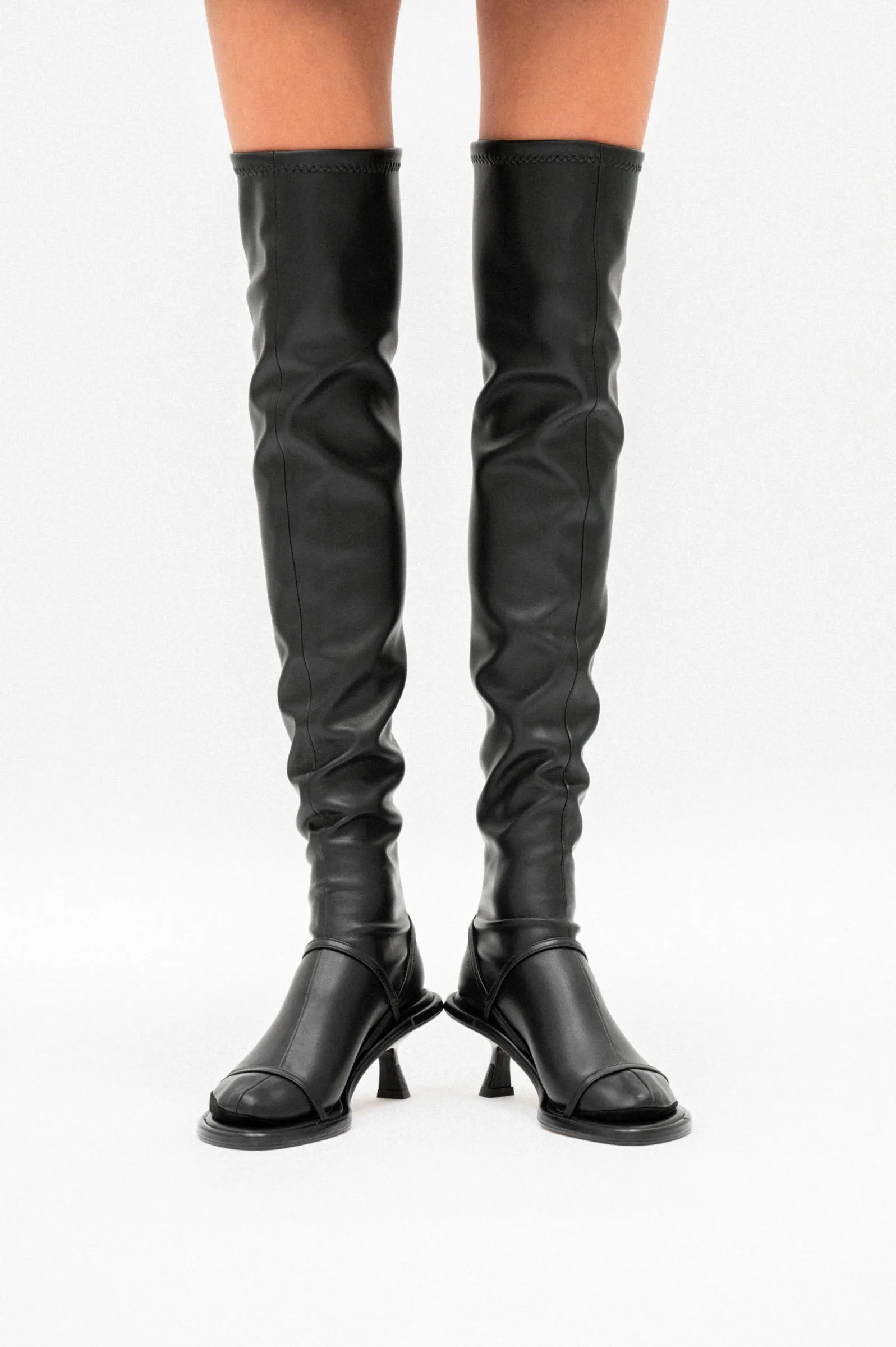 DORA - Black High Faux Stretch Leather Socks