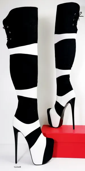 Double Colour Thigh High Black White Boots