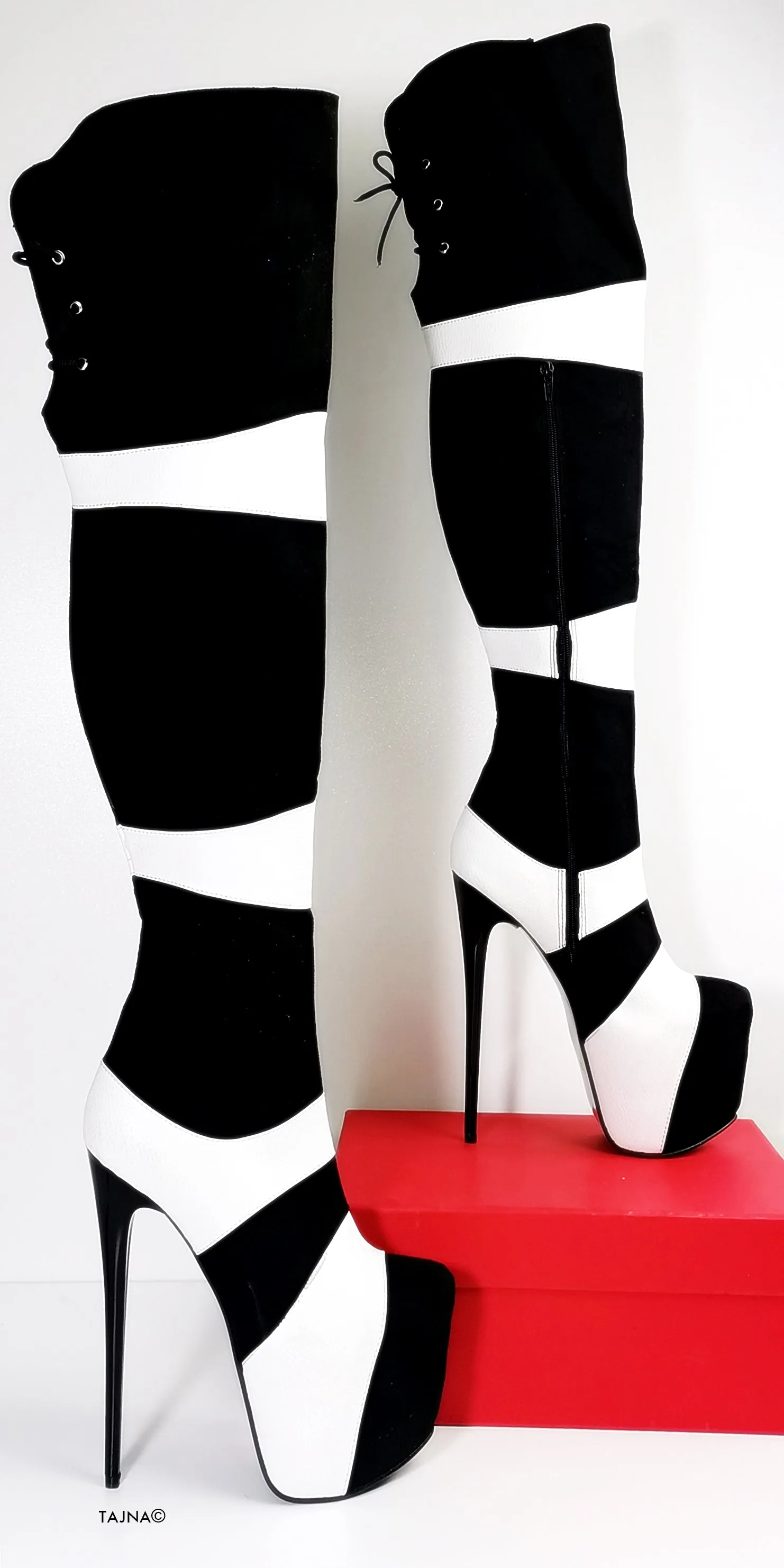 Double Colour Thigh High Black White Boots