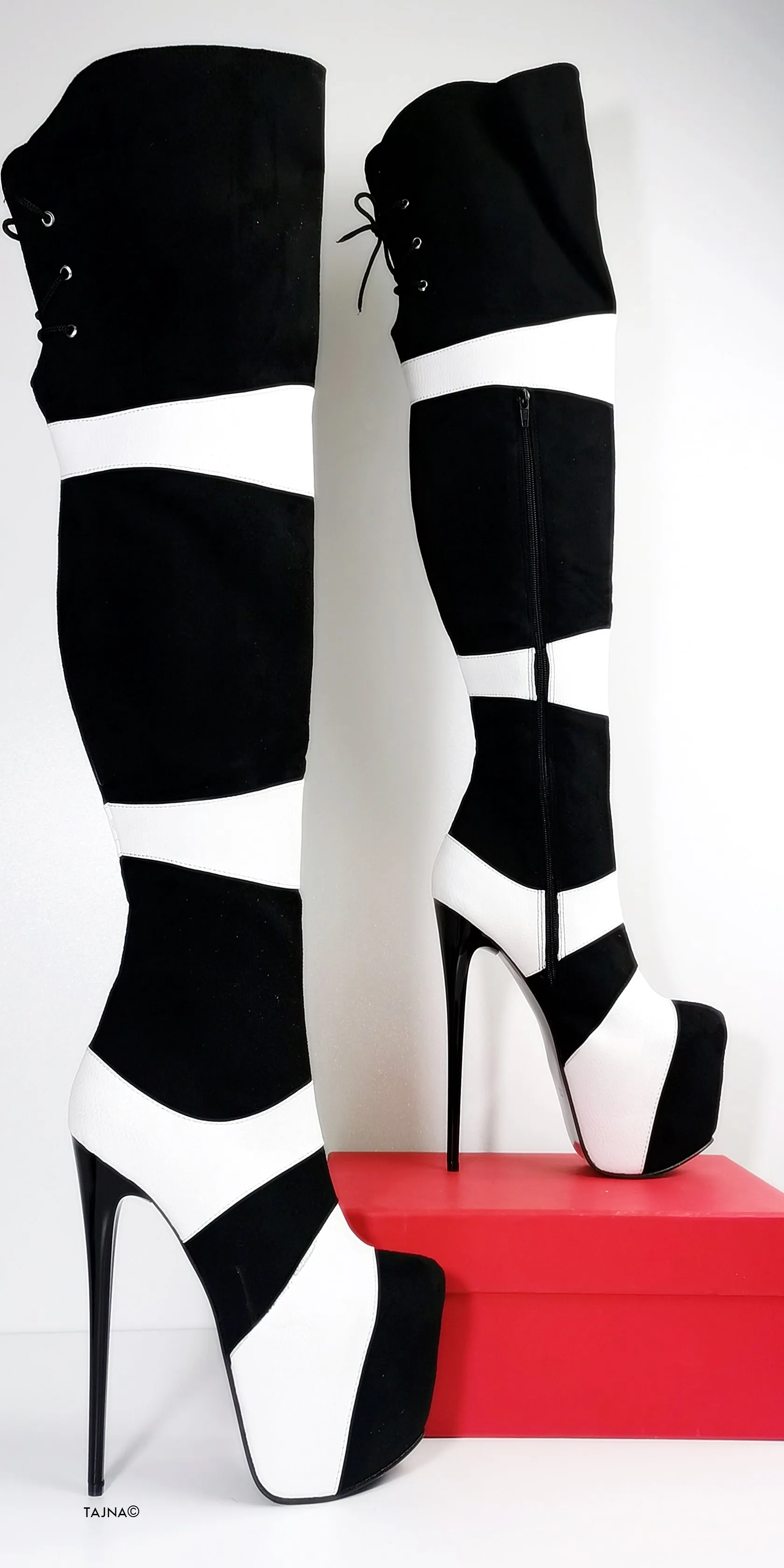 Double Colour Thigh High Black White Boots