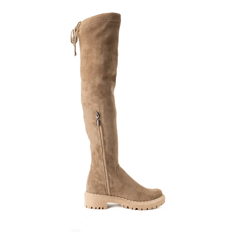 EMBROIDERED SUEDE THIGH HIGH BOOTS - KHAKI