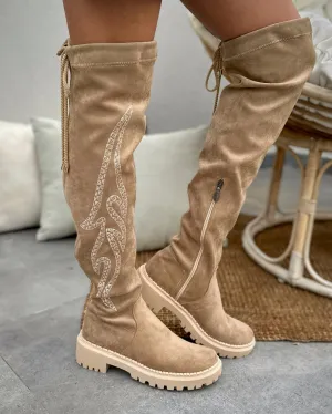 EMBROIDERED SUEDE THIGH HIGH BOOTS - KHAKI