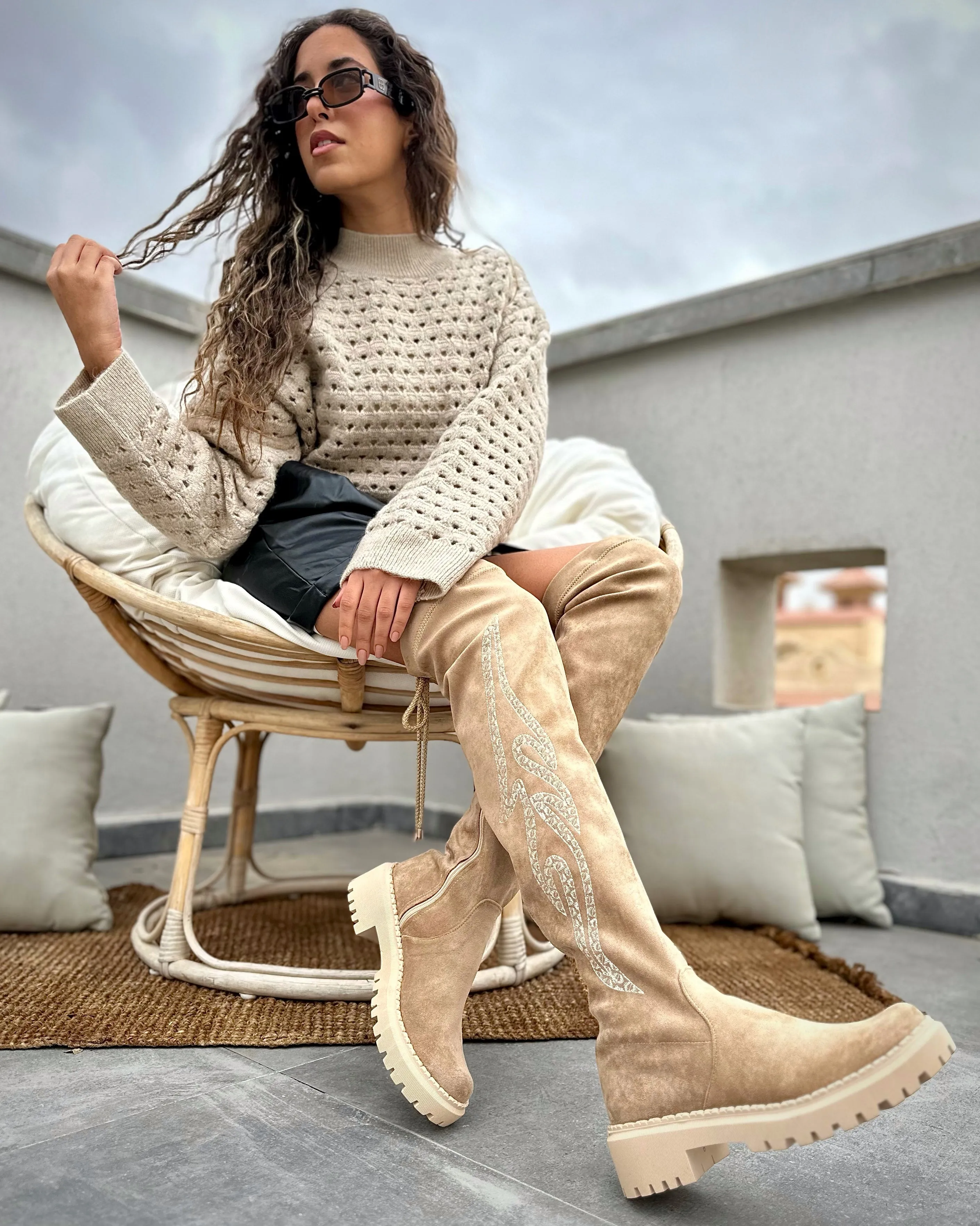 EMBROIDERED SUEDE THIGH HIGH BOOTS - KHAKI