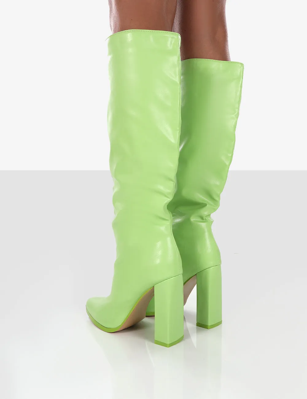 Far Away Lime Grain PU Square Toe Knee High Boots