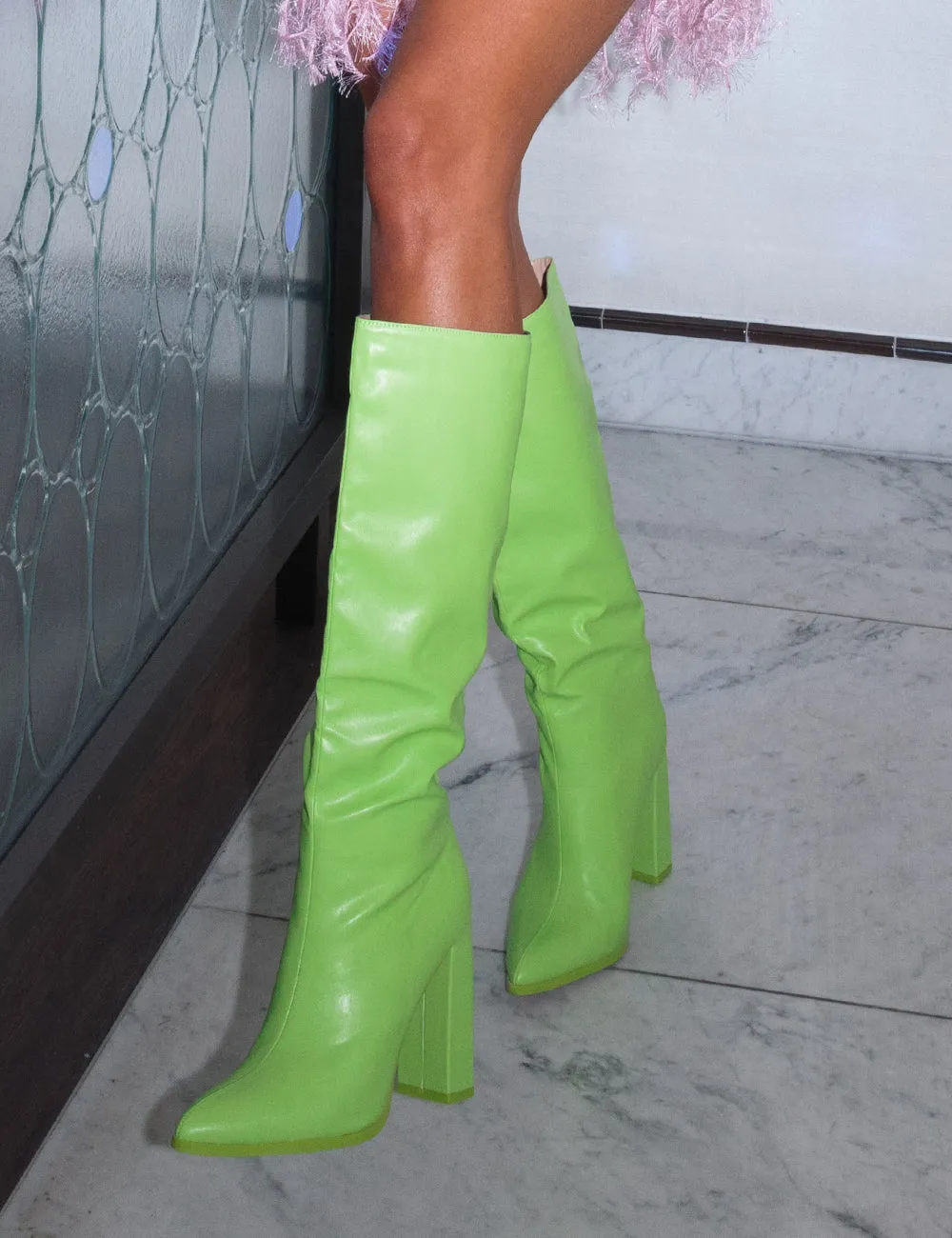 Far Away Lime Grain PU Square Toe Knee High Boots