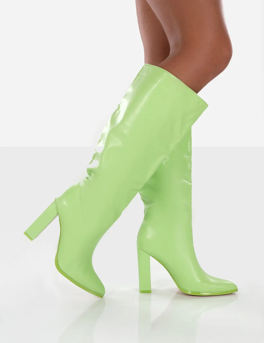 Far Away Lime Grain PU Square Toe Knee High Boots