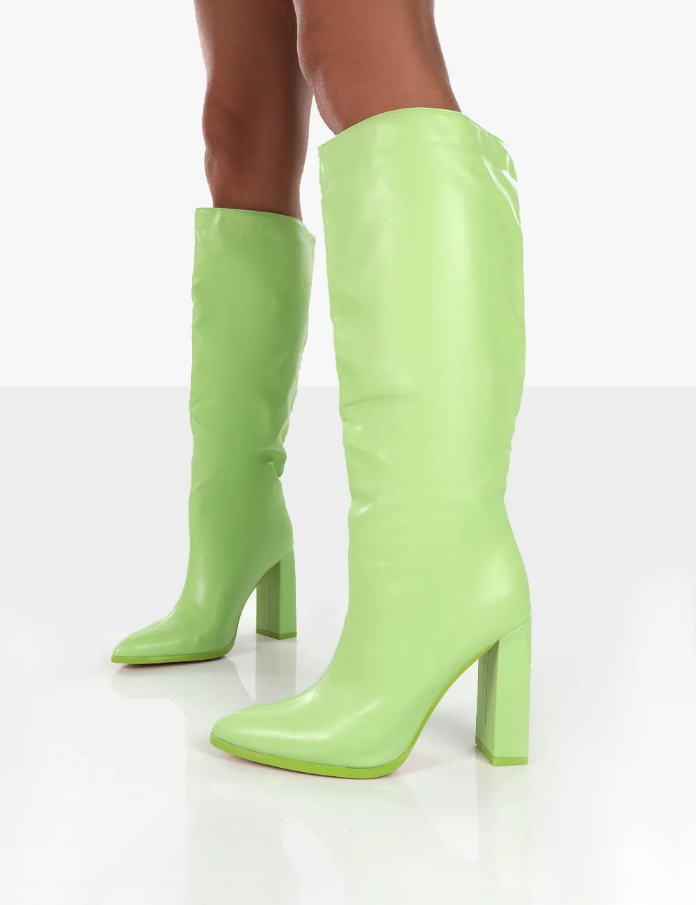 Far Away Lime Grain PU Square Toe Knee High Boots