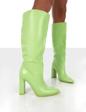 Far Away Lime Grain PU Square Toe Knee High Boots