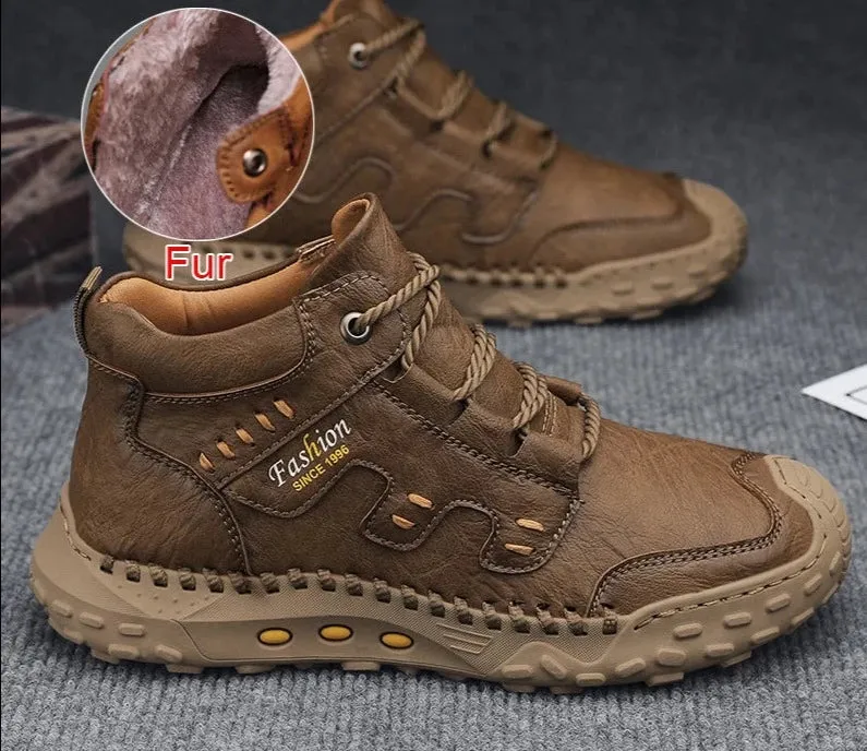 Fashion High Quality PU Leather Men Boots Winter Warm Outdoor Snow Boots Handmade Designer Ankle Boots Size 38-46