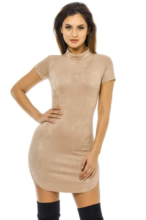 Faux Suede High Neck  Mini  Dress