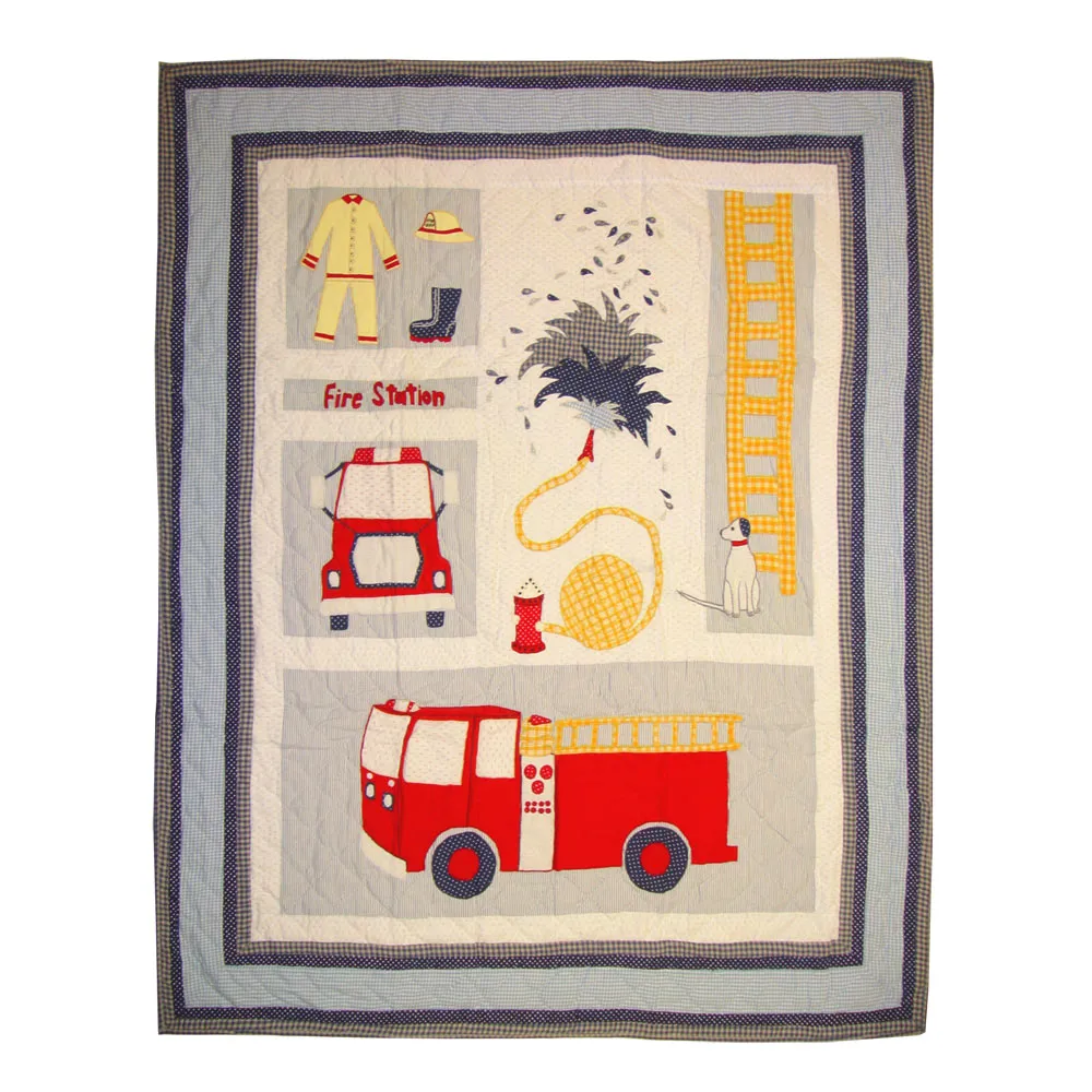 Fire Truck Throw | Handmade Cotton Quilt with Firefighting Scene and Fire Station Motifs