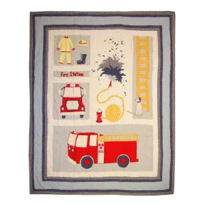 Fire Truck Throw | Handmade Cotton Quilt with Firefighting Scene and Fire Station Motifs