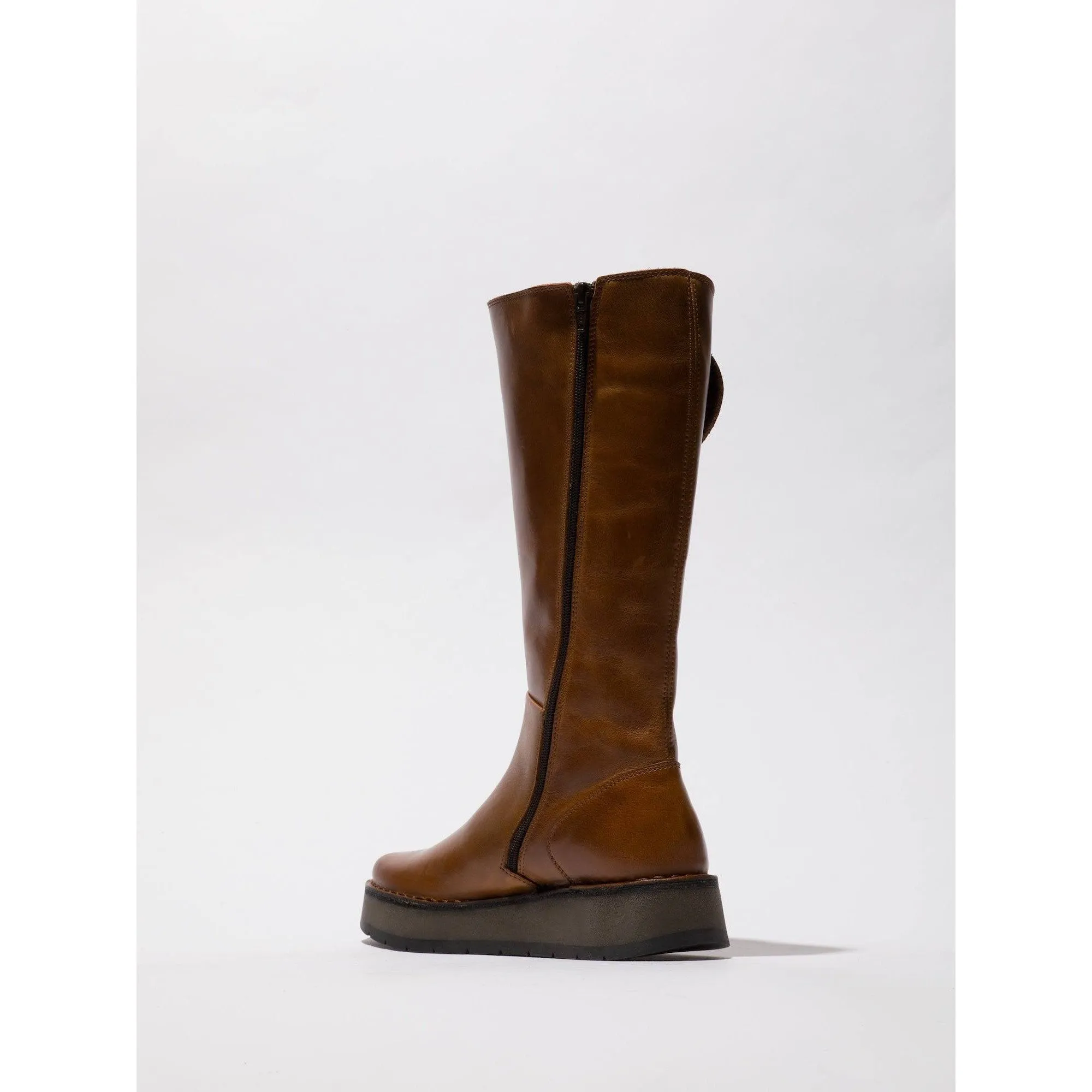 Fly RHEA042 Rug Ladies Mid Brown Leather Side Zip Knee High Boots