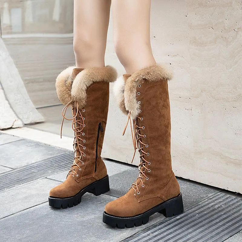 Fur Platform Lace Up Chunky Heel Knee High Boots