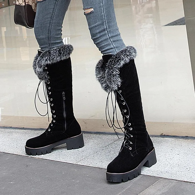 Fur Platform Lace Up Chunky Heel Knee High Boots