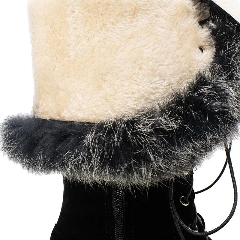 Fur Platform Lace Up Chunky Heel Knee High Boots