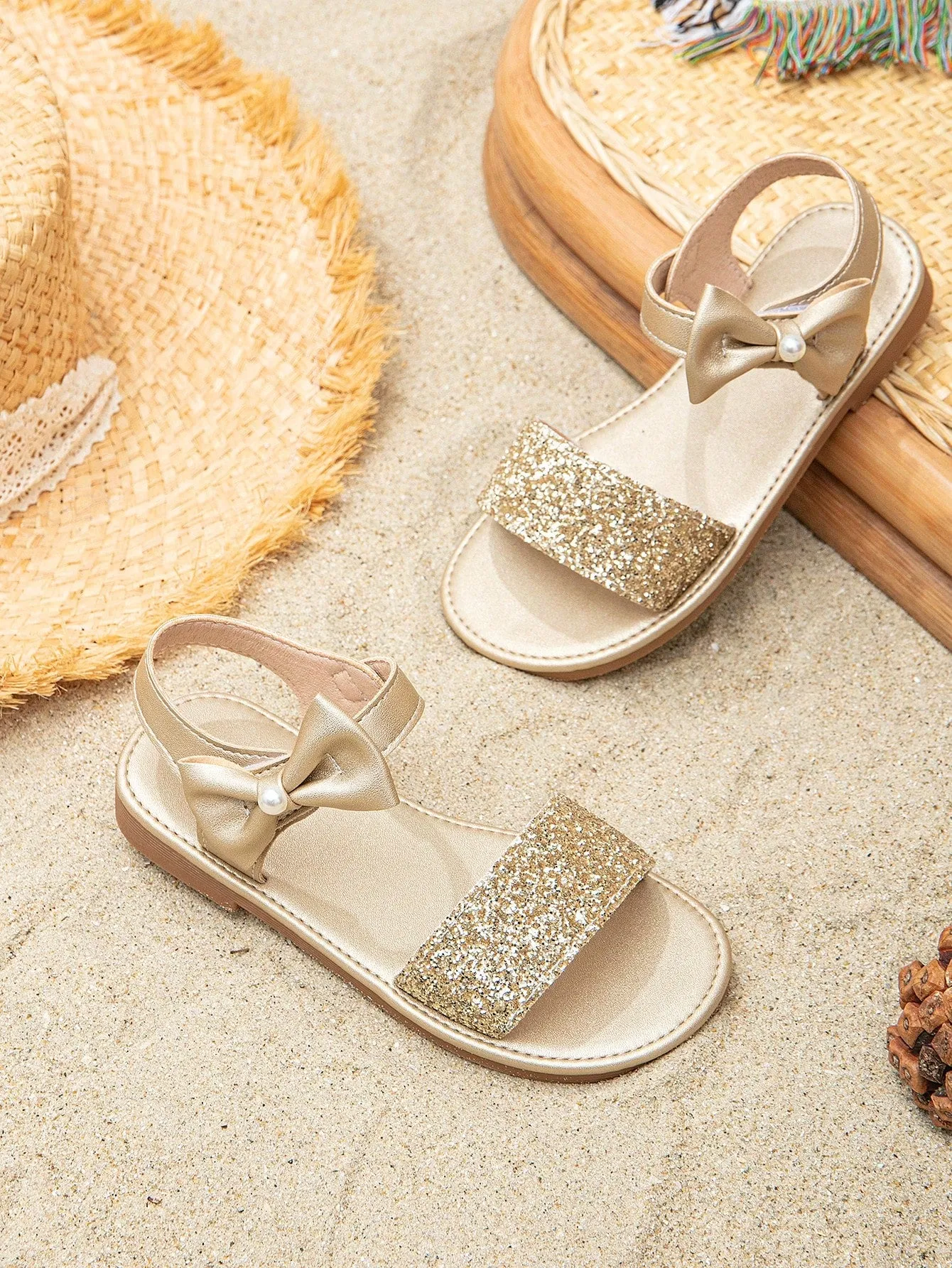 Girls Glitter Detail Bow & Faux Pearl Decor Ankle Strap Sandals