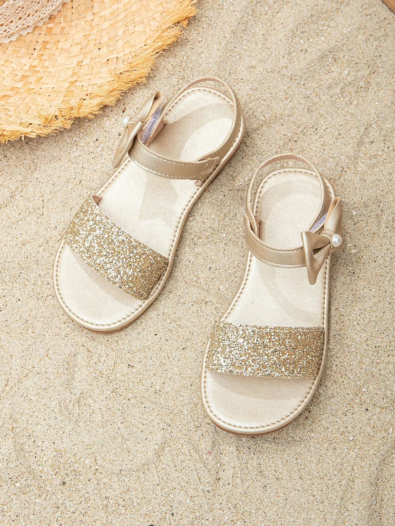 Girls Glitter Detail Bow & Faux Pearl Decor Ankle Strap Sandals