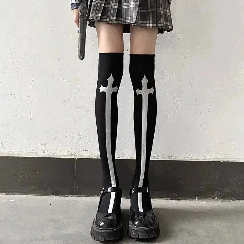 Gothic & Punk Fashion Halloween Knee High Socks with Cross