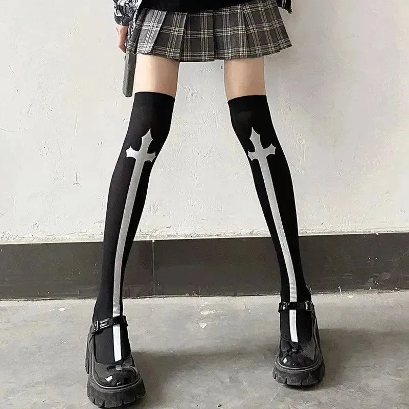 Gothic & Punk Fashion Halloween Knee High Socks with Cross