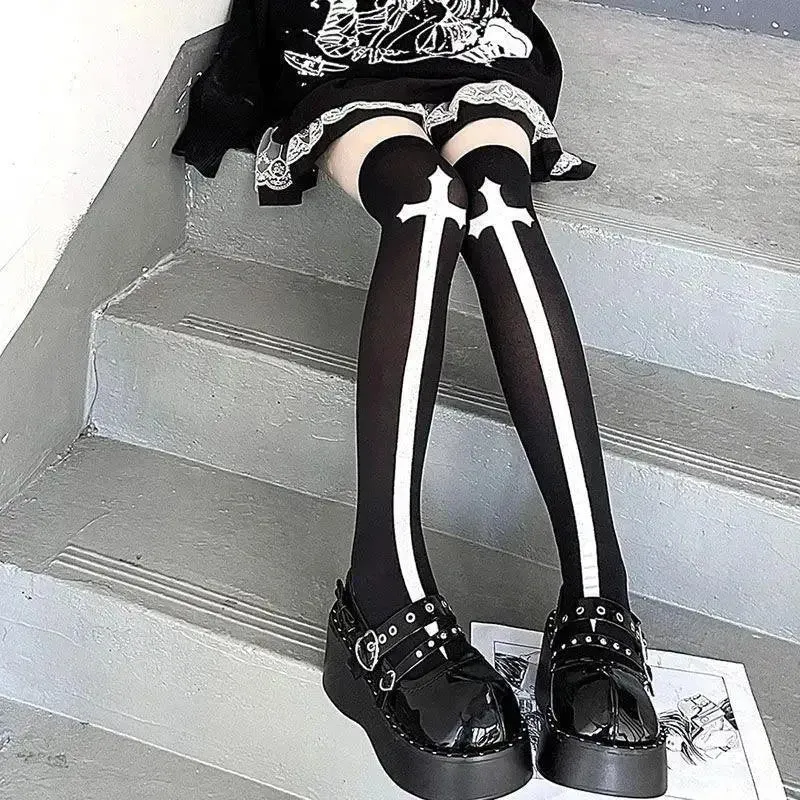 Gothic & Punk Fashion Halloween Knee High Socks with Cross