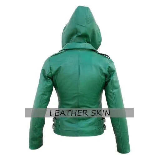 Green Brando Hooded Genuine Leather Jacket