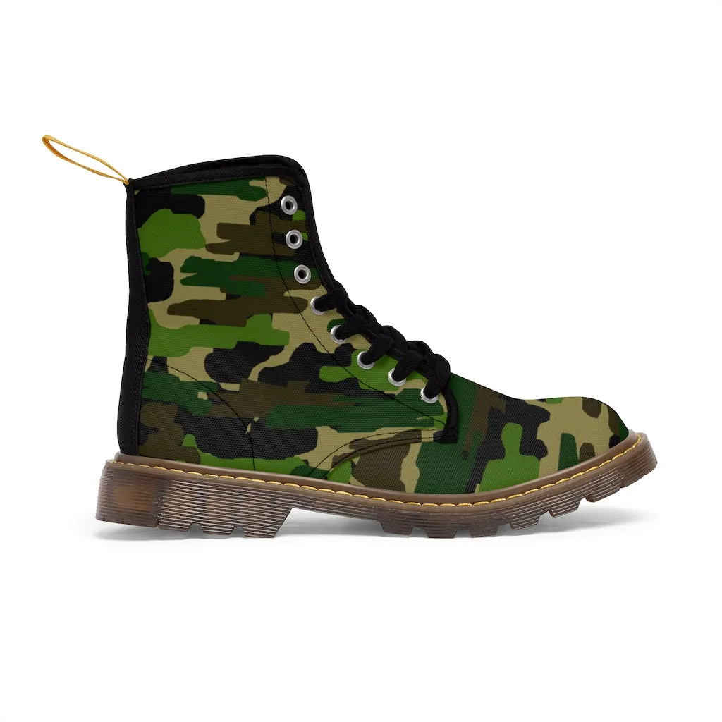 Green Camouflage Women's Canvas Boots, Army Military Print Winter Hiking Boots For Ladies