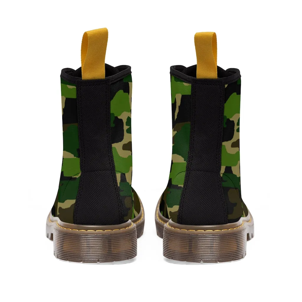 Green Camouflage Women's Canvas Boots, Army Military Print Winter Hiking Boots For Ladies