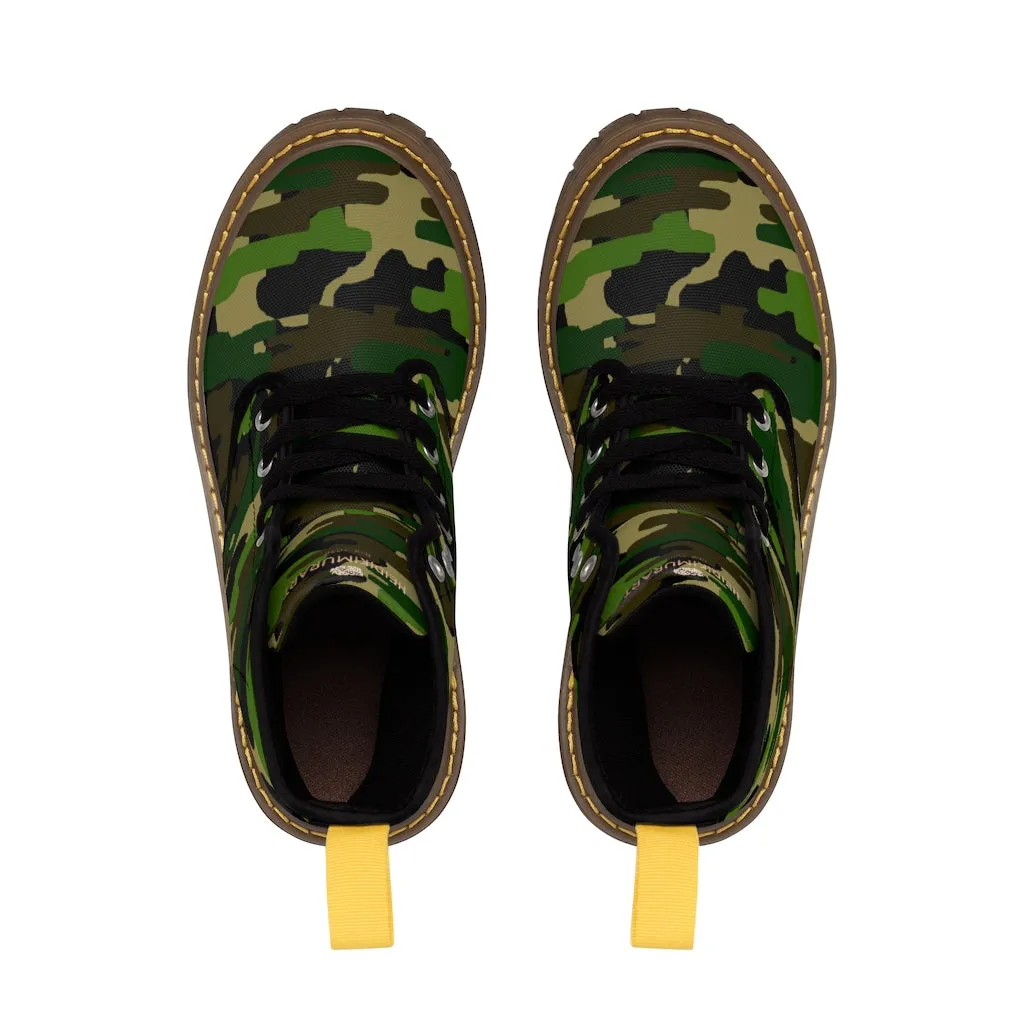Green Camouflage Women's Canvas Boots, Army Military Print Winter Hiking Boots For Ladies